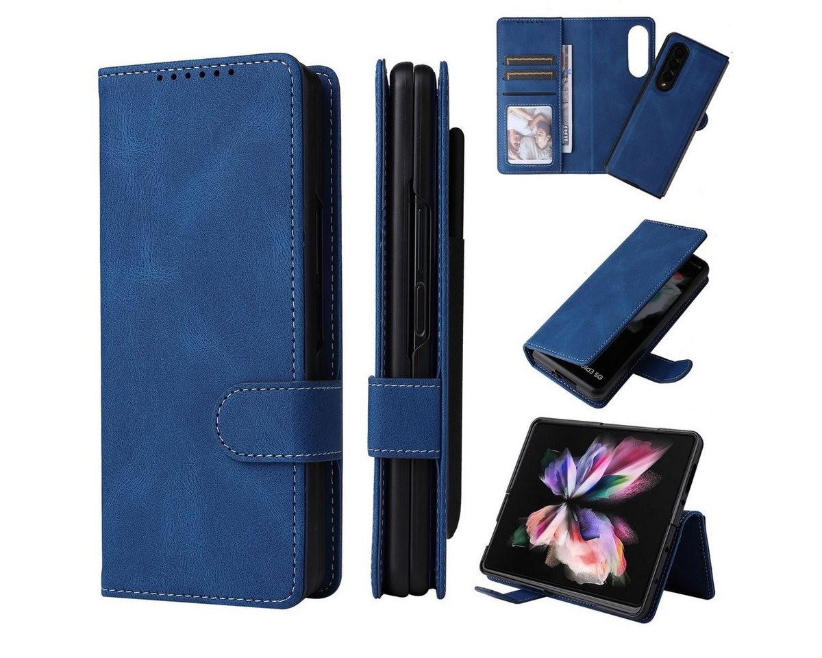 Wigento Handyhülle Für Samsung Galaxy Z Fold4 5G Leder Handy Tasche Abnehmbar Hülle Etuis Blau + Stift Halterung von Wigento