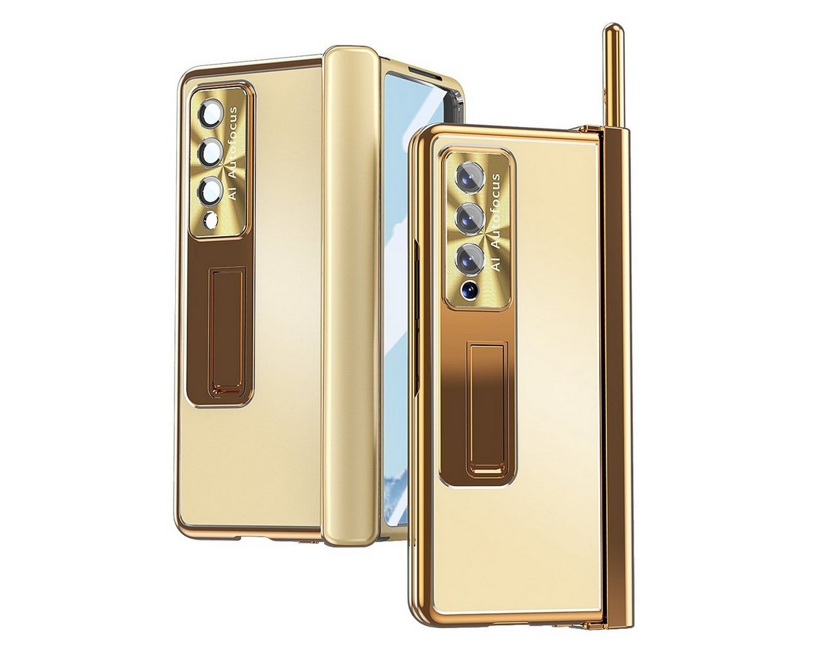 Wigento Handyhülle Für Samsung Galaxy Z Fold4 5G Magnetische Aluminium / Glas Handy Tasche Hülle Etuis Champagner / Gold + Stift von Wigento