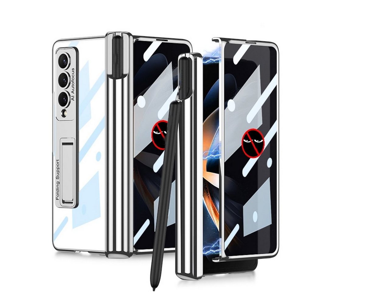 Wigento Handyhülle Für Samsung Galaxy Z Fold4 5G Magnetische Aluminium / Glas PRIVACY Handy Tasche Hülle Etuis Silber + Stift Halterung von Wigento