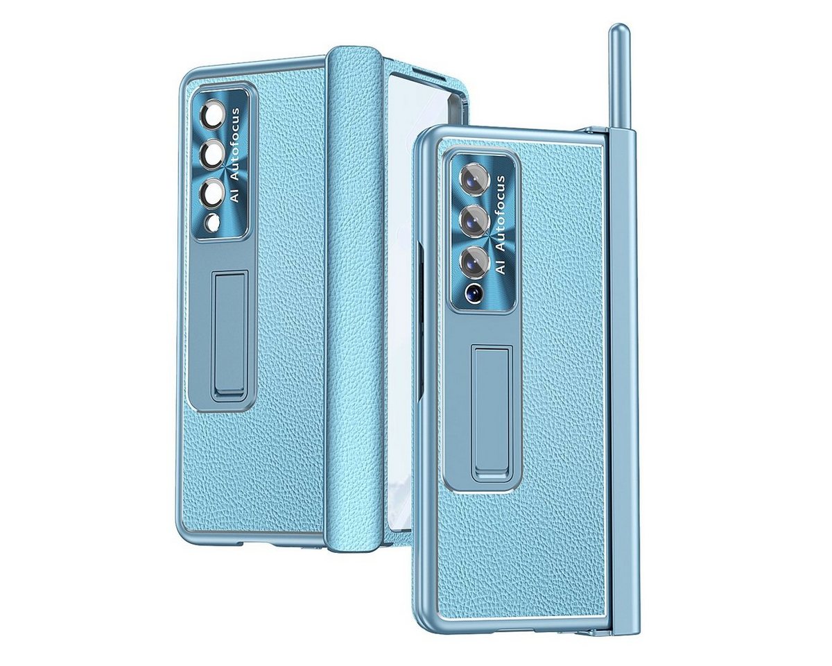 Wigento Handyhülle Für Samsung Galaxy Z Fold4 5G Magnetische Kunststoff / Glas Handy Tasche Hülle Etuis Blau + Stift von Wigento