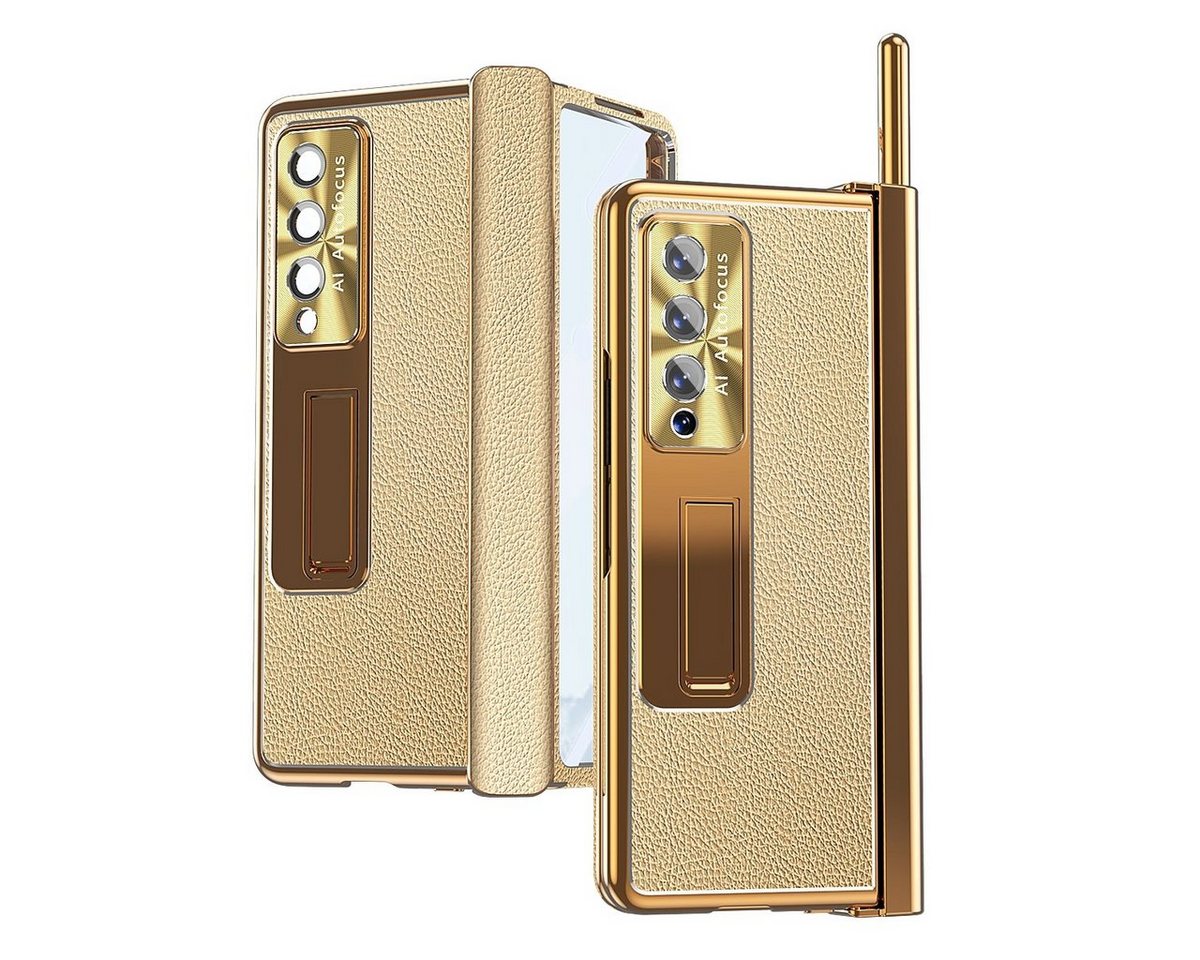 Wigento Handyhülle Für Samsung Galaxy Z Fold4 5G Magnetische Kunststoff / Glas Handy Tasche Hülle Etuis Gold + Stift von Wigento