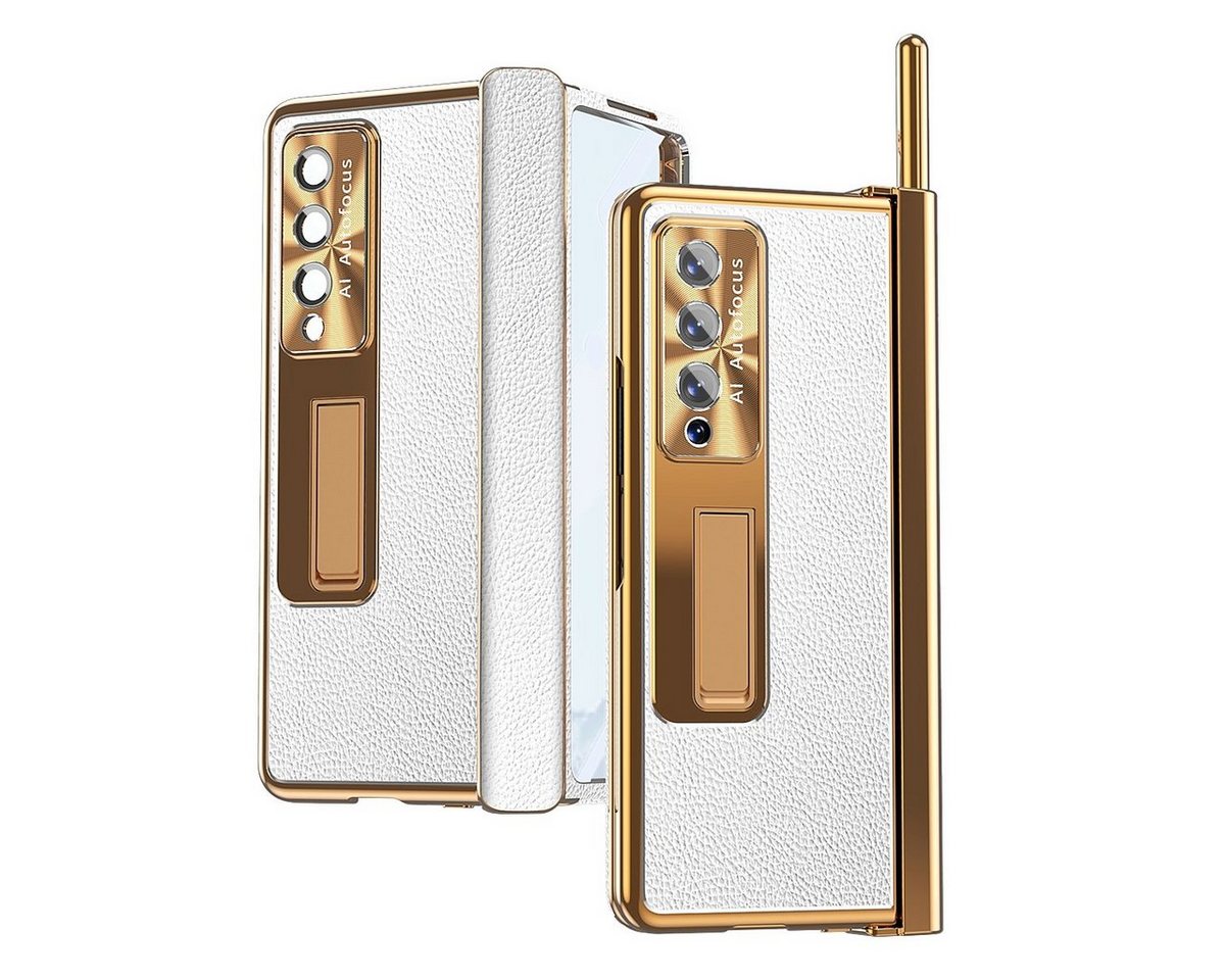 Wigento Handyhülle Für Samsung Galaxy Z Fold4 5G Magnetische Kunststoff / Glas Handy Tasche Hülle Etuis Weiß / Gold + Stift von Wigento