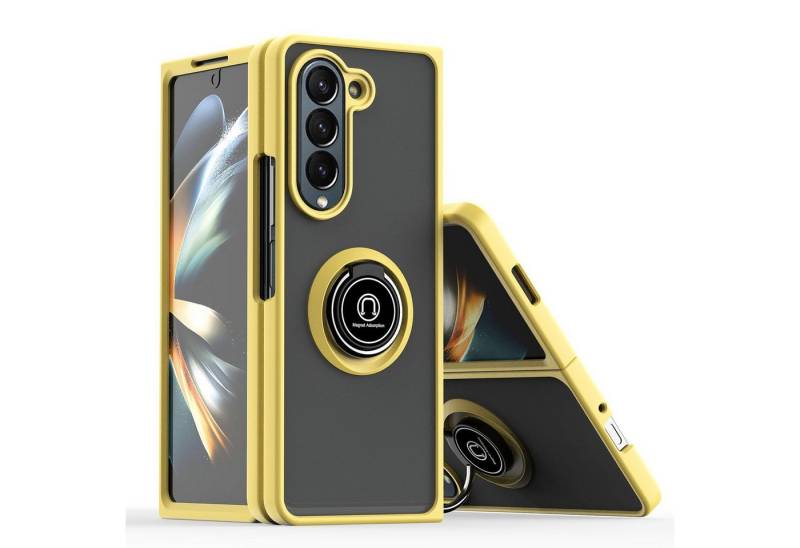 Wigento Handyhülle Für Samsung Galaxy Z Fold6 Shadow Design TPU / PC Hülle Case Ring Gelb, Ring Halterung Schutzhülle von Wigento