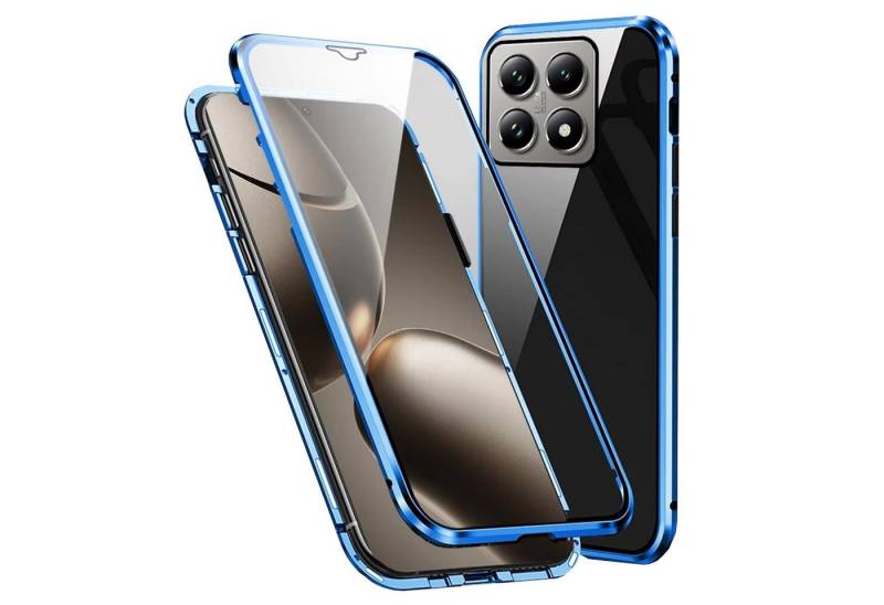 Wigento Handyhülle Für Xiaomi 14T Pro Beidseitiger 360 Grad Magnet Glas Bumper Hülle Blau, Magnetische Metallrahmenhülle mit beidseitigem Hartglas von Wigento