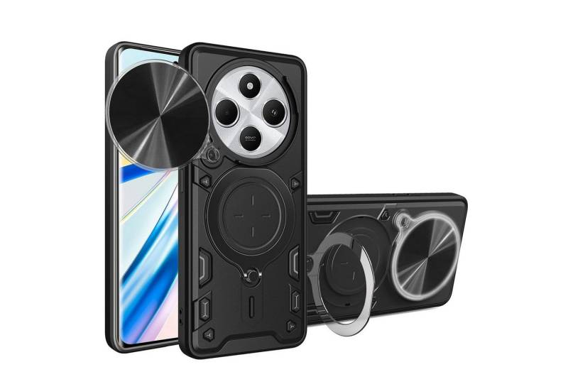 Wigento Handyhülle Für Xiaomi Redmi 14C 4G CD Sliding Kamera Hybrid Ring Hülle Schwarz, CD Texture, Schiebekameraabdeckung, Magnetischer Halter von Wigento