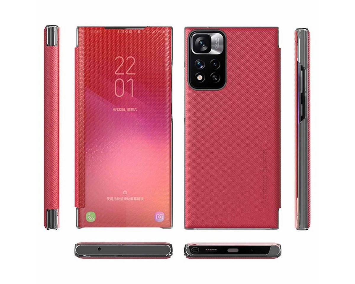 Wigento Handyhülle Für Xiaomi Redmi Note 11 Pro Plus 5G Design Carbon Clear View Spiegel Mirror Cover Schwarz Cover Tasche Case von Wigento
