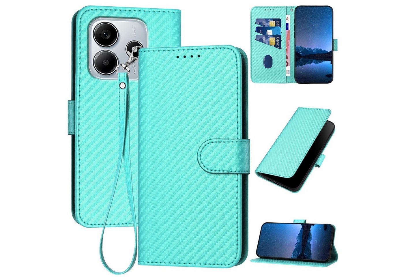 Wigento Handyhülle Für Xiaomi Redmi Note 14 5G Carbon Fiber Kunstleder Handy Hülle Türkis, Carbon-Optik Hülle mit Kartenfach und Standfunktion von Wigento