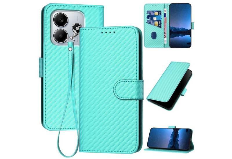 Wigento Handyhülle Für Xiaomi Redmi Note 14 5G Carbon Fiber Kunstleder Handy Hülle Türkis, Carbon-Optik Hülle mit Kartenfach und Standfunktion von Wigento