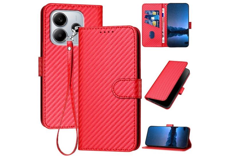 Wigento Handyhülle Für Xiaomi Redmi Note 14 5G Carbon Fiber Kunstleder Hülle Tasche Rot, Carbon-Optik Hülle mit Kartenfach und Standfunktion von Wigento