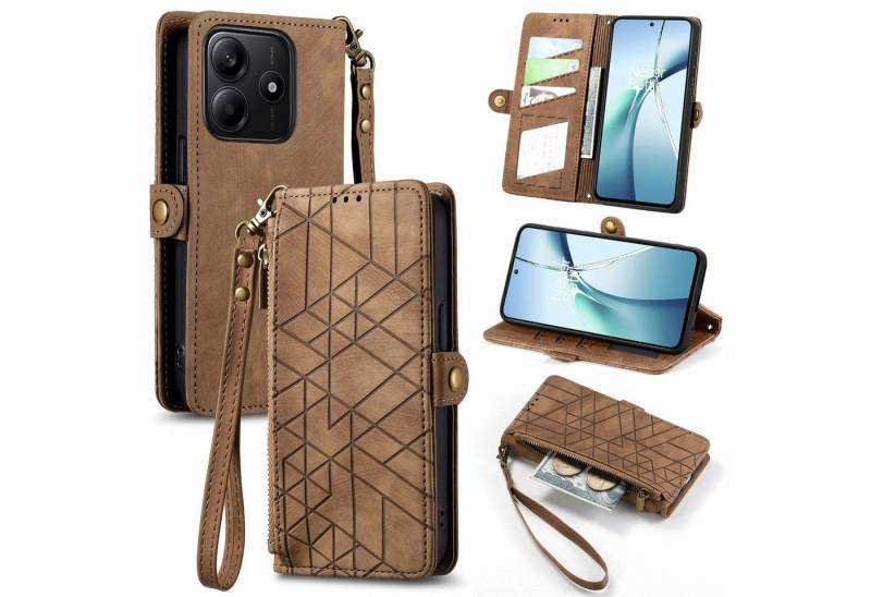 Wigento Handyhülle Für Xiaomi Redmi Note 14 5G Kunstleder Zipper Book Wallet Tasche Braun, Kartenfächer, Reißverschlussfach, Standfunktion von Wigento