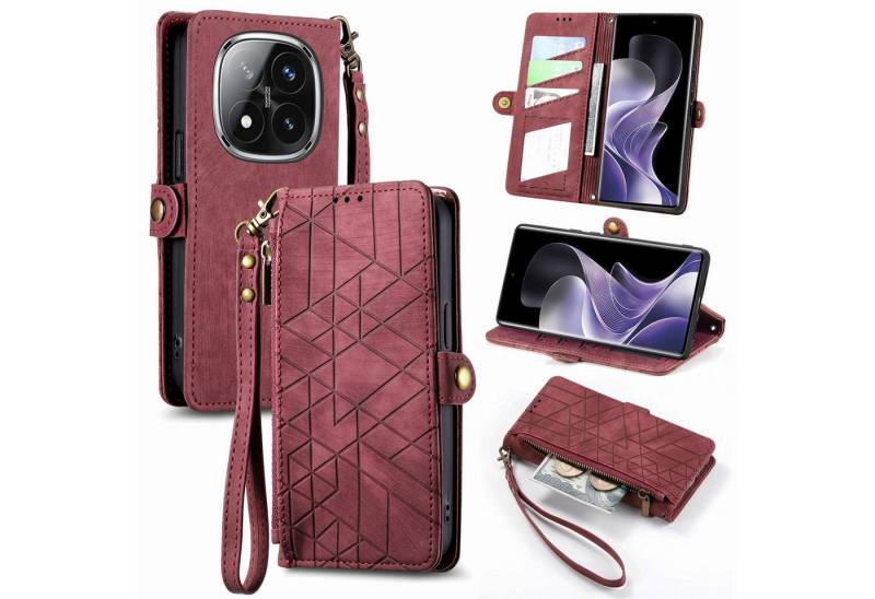 Wigento Handyhülle Für Xiaomi Redmi Note 14 Pro 5G Kunstleder Zipper Wallet Tasche Rot, Kartenfächer, Reißverschlussfach, Standfunktion von Wigento