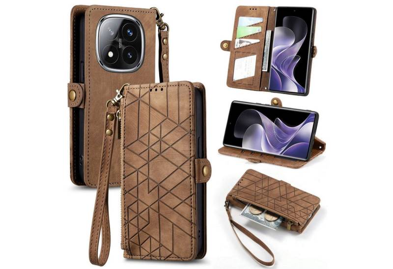 Wigento Handyhülle Für Xiaomi Redmi Note 14 Pro Plus 5G Kunstleder Zipper Tasche Braun, Kartenfächer, Reißverschlussfach, Standfunktion von Wigento