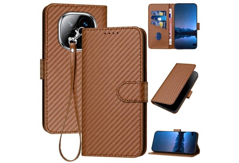 Wigento Handyhülle Für Xiaomi Redmi Note 14 Pro Plus Carbon Fiber Kunstleder Hülle Braun, Carbon-Optik Hülle mit Kartenfach und Standfunktion von Wigento