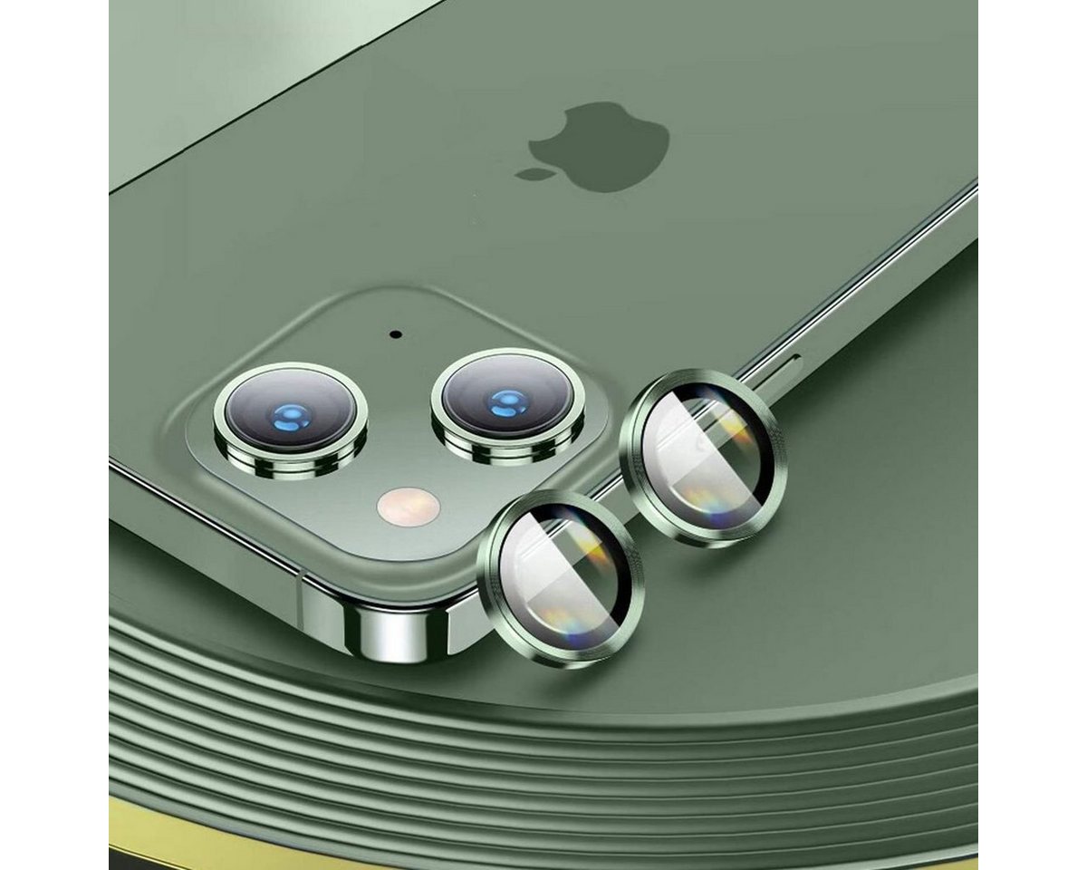 Wigento Handyhülle Metal Ring Camera Tempered Glas Film für Apple iPhone 14 Panzer Zubehör Glas Grün von Wigento