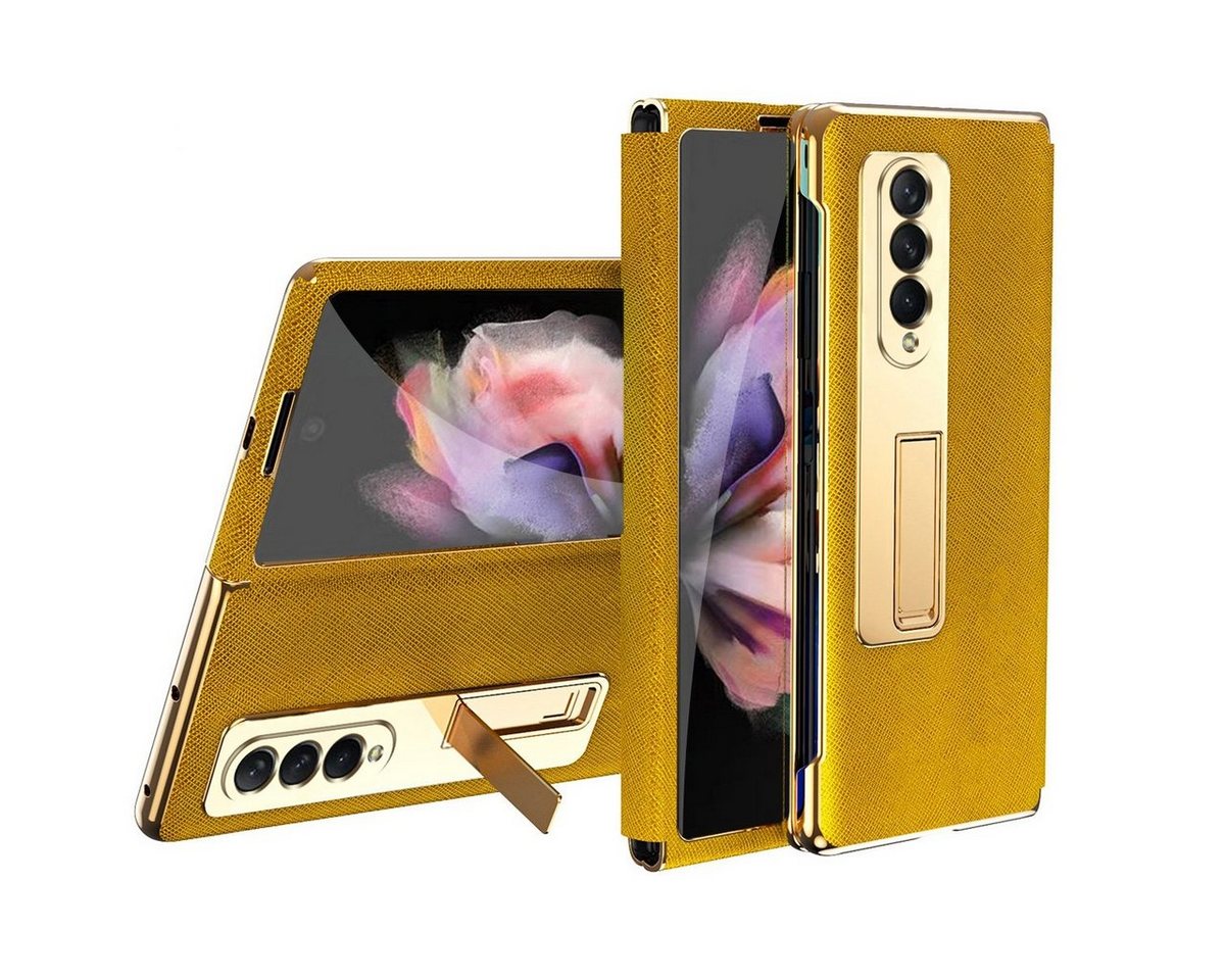 Wigento Handyhülle Samsung Galaxy Z Fold4 5G Galvanik Linsenrahmen + Hart Glas Handy Tasche Hülle Etuis Gold von Wigento