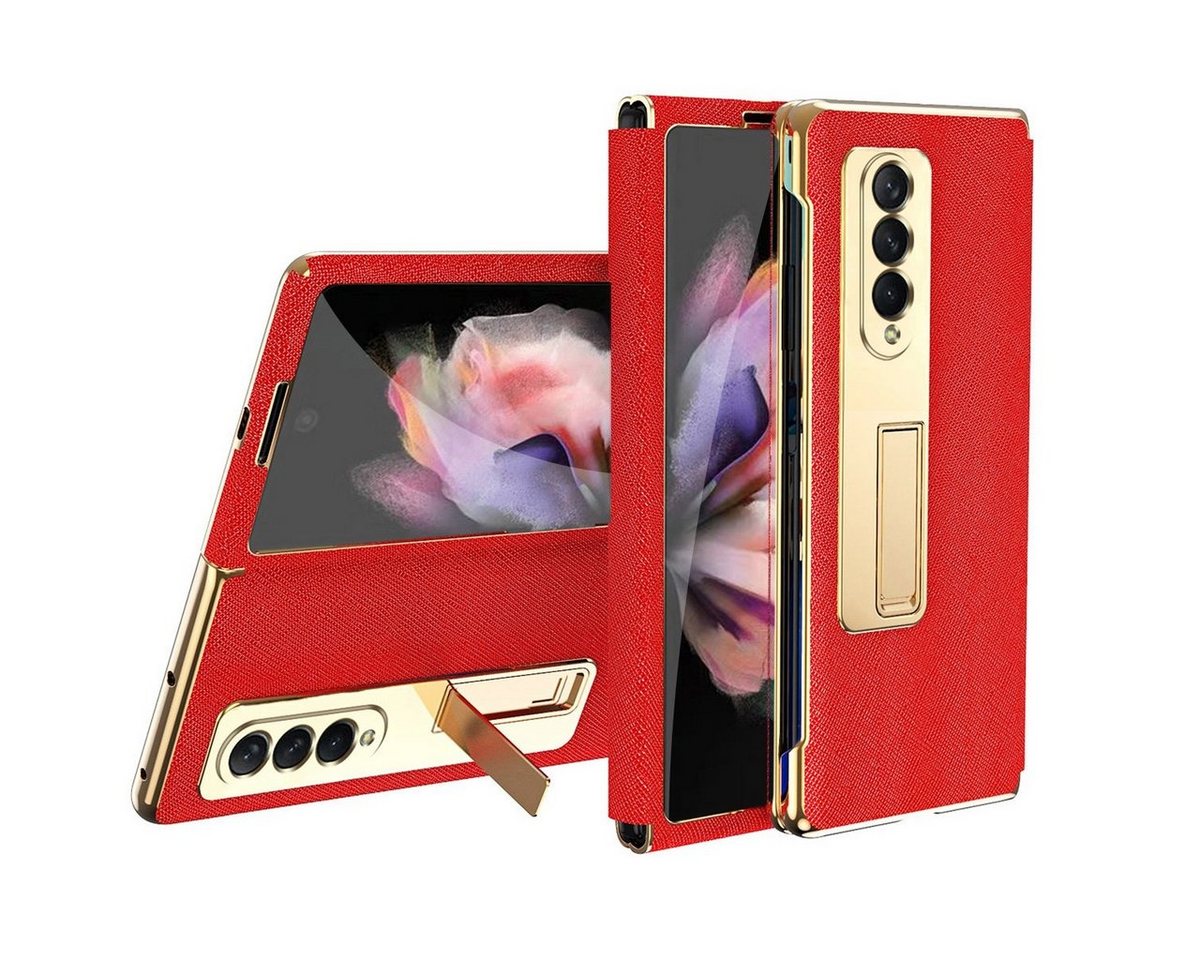 Wigento Handyhülle Samsung Galaxy Z Fold4 5G Galvanik Linsenrahmen + Hart Glas Handy Tasche Hülle Etuis Rot von Wigento
