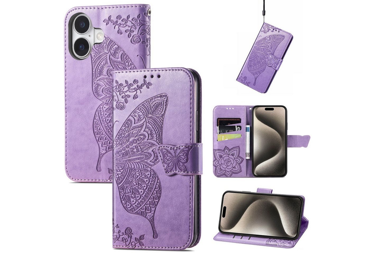 Wigento Smartphone-Hülle Für Apple iPhone 16 Kunstleder Wallet Schmetterling Hülle Hell-Lila, Kunst-Leder Schutzhülle Smart Case Cover magnetischer Verschluss Wigento Smartphone-Hülle Für Apple iPhone 16 Kunstleder Wallet Schmetterling Hülle Hell-Lila, Kunst-Leder Schutzhülle Smart Case Cover magnetischer Verschluss von Wigento