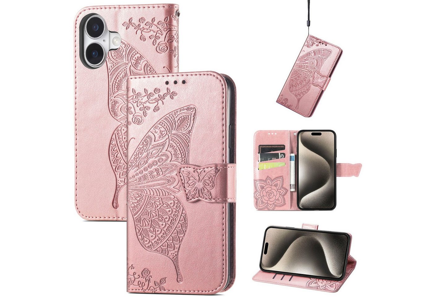 Wigento Smartphone-Hülle Für Apple iPhone 16 Plus Kunstleder Wallet Schmetterling Hülle Rosa, Kunst-Leder Schutzhülle Smart Case Cover magnetischer Verschluss Wigento Smartphone-Hülle Für Apple iPhone 16 Plus Kunstleder Wallet Schmetterling Hülle Rosa, Kunst-Leder Schutzhülle Smart Case Cover magnetischer Verschluss von Wigento