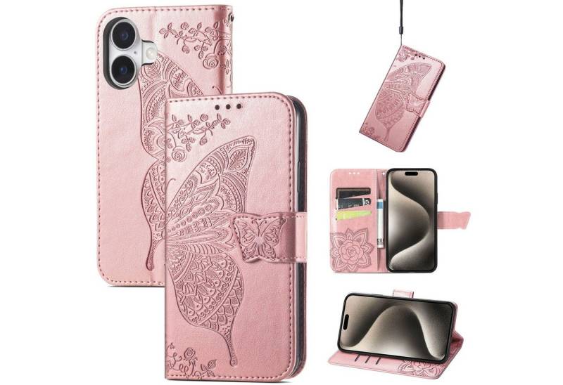 Wigento Smartphone-Hülle Für Apple iPhone 16 Plus Kunstleder Wallet Schmetterling Hülle Rosa, Kunst-Leder Schutzhülle Smart Case Cover magnetischer Verschluss von Wigento