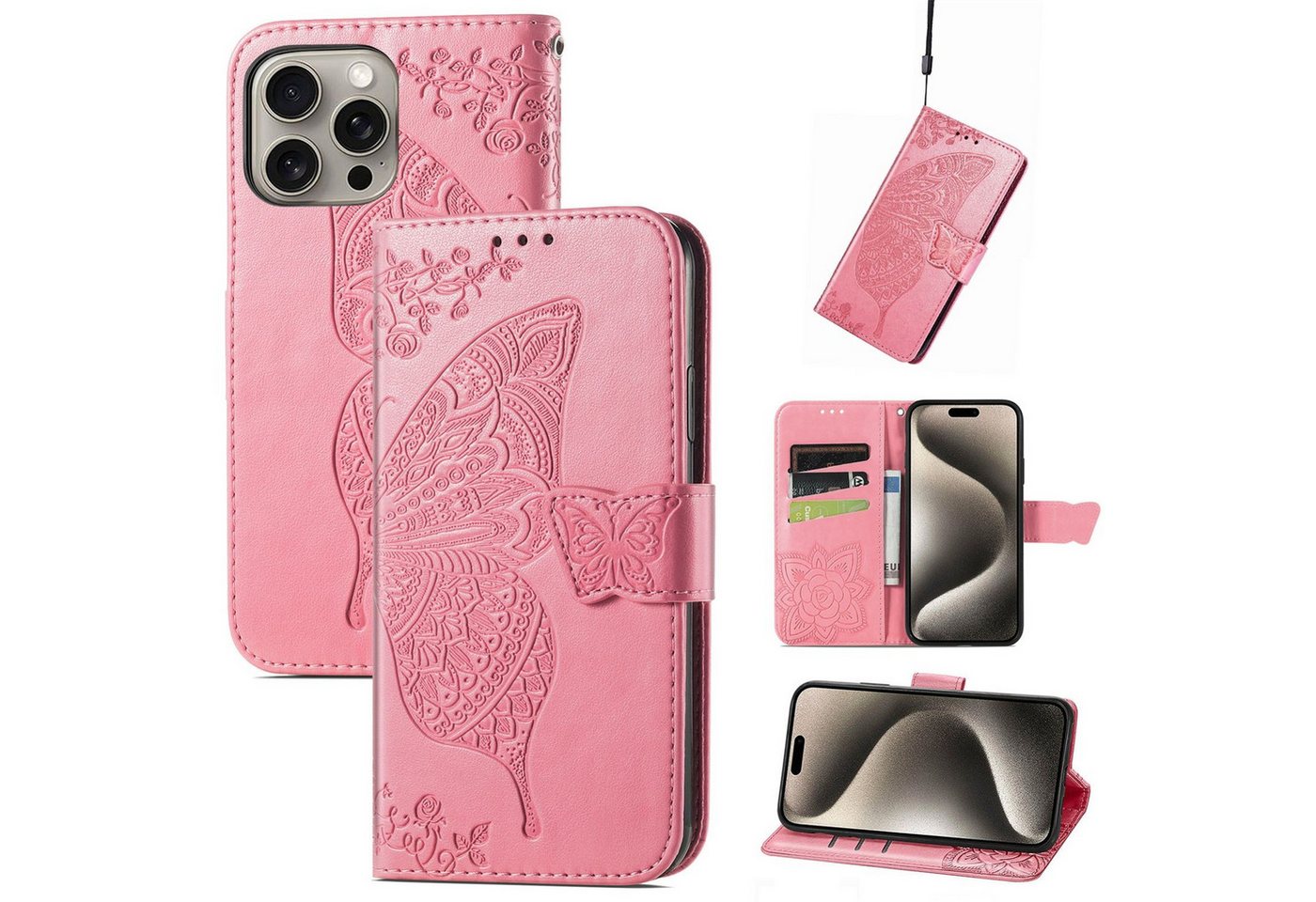 Wigento Smartphone-Hülle Für Apple iPhone 16 Pro Kunstleder Wallet Schmetterling Hülle Pink, Kunst-Leder Schutzhülle Smart Case Cover magnetischer Verschluss von Wigento