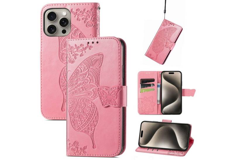 Wigento Smartphone-Hülle Für Apple iPhone 16 Pro Kunstleder Wallet Schmetterling Hülle Pink, Kunst-Leder Schutzhülle Smart Case Cover magnetischer Verschluss von Wigento
