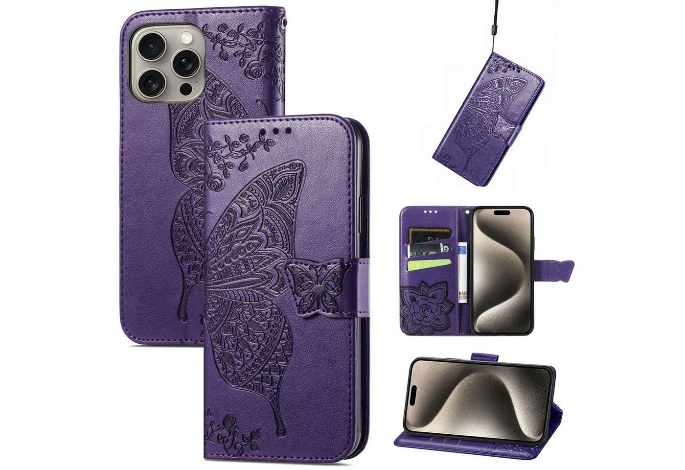 Wigento Smartphone-Hülle Für Apple iPhone 16 Pro Max Book Wallet Etuis Schmetterling Hülle Lila, Kunst-Leder Schutzhülle Smart Case Cover magnetischer Verschluss Wigento Smartphone-Hülle Für Apple iPhone 16 Pro Max Book Wallet Etuis Schmetterling Hülle Lila, Kunst-Leder Schutzhülle Smart Case Cover magnetischer Verschluss von Wigento