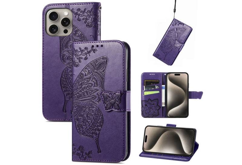 Wigento Smartphone-Hülle Für Apple iPhone 16 Pro Max Book Wallet Etuis Schmetterling Hülle Lila, Kunst-Leder Schutzhülle Smart Case Cover magnetischer Verschluss von Wigento