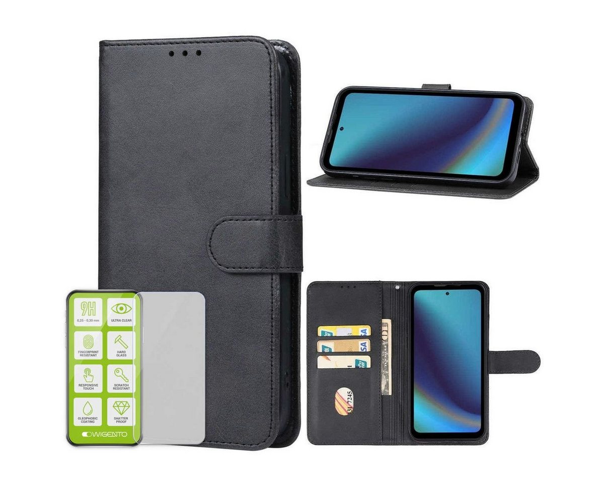 Wigento Smartphone-Hülle Für Doogee V20 Pro Handy Book Wallet Tasche Schwarz + H9 Hart Glas von Wigento