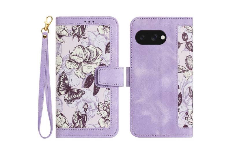 Wigento Smartphone-Hülle Für Google Pixel 9a Kunstleder Book Wallet Blumen Tasche Hülle Lila, Blumenmuster, Kartenfächer, Lanyard von Wigento