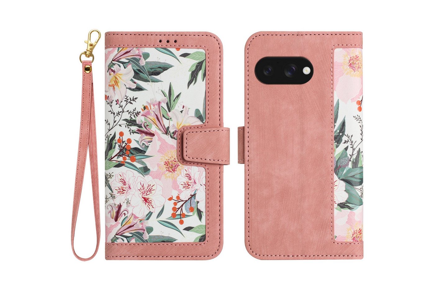 Wigento Smartphone-Hülle Für Google Pixel 9a Kunstleder Book Wallet Blumen Tasche Hülle Rosa, Blumenmuster, Kartenfächer, Lanyard Wigento Smartphone-Hülle Für Google Pixel 9a Kunstleder Book Wallet Blumen Tasche Hülle Rosa, Blumenmuster, Kartenfächer, Lanyard von Wigento