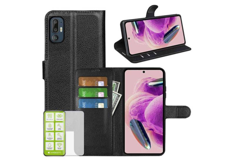 Wigento Smartphone-Hülle Für HTC U24 Pro Kunst Leder Book Wallet Tasche Schwarz + H9 Hart Glas von Wigento