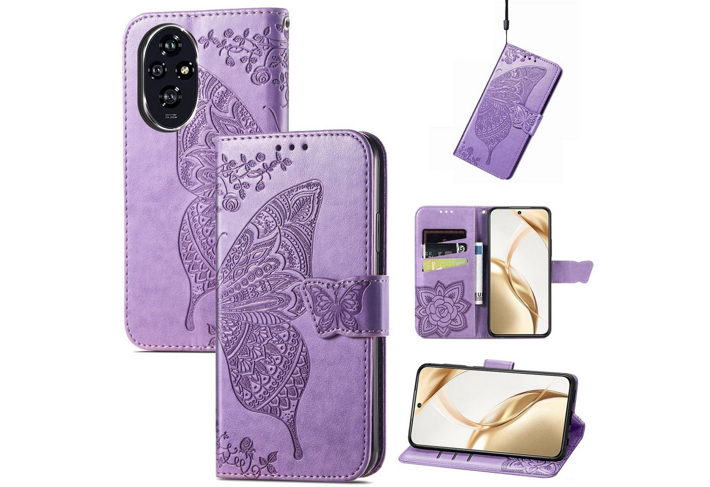 Wigento Smartphone-Hülle Für Honor 200 Kunstleder Wallet Tasche Design Schmetterling Hell-Lila, Kunst-Leder Schutzhülle Smart Case Cover magnetischer Verschluss Wigento Smartphone-Hülle Für Honor 200 Kunstleder Wallet Tasche Design Schmetterling Hell-Lila, Kunst-Leder Schutzhülle Smart Case Cover magnetischer Verschluss von Wigento