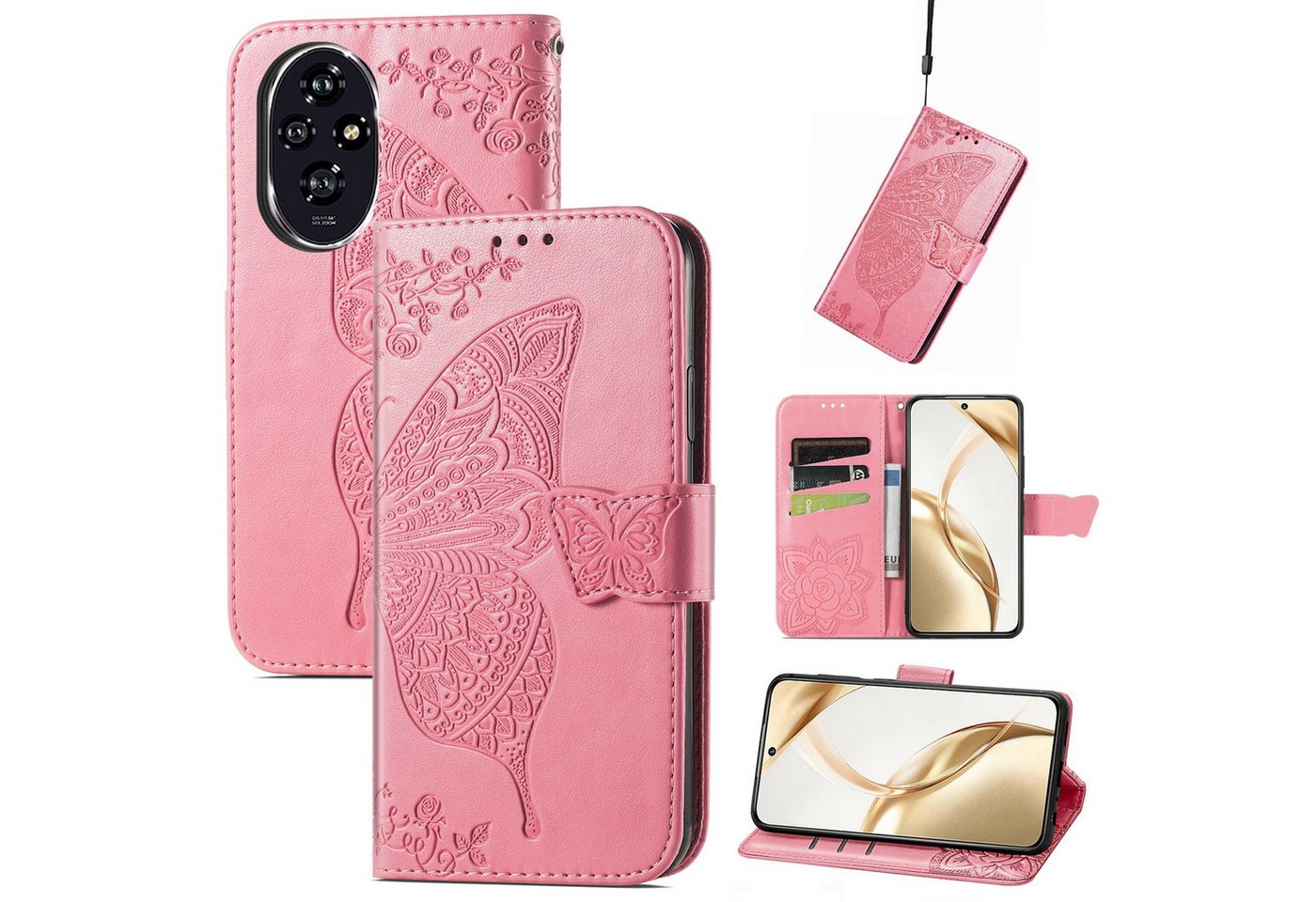 Wigento Smartphone-Hülle Für Honor 200 Kunstleder Wallet Tasche Design Schmetterling Hülle Pink, Kunst-Leder Schutzhülle Smart Case Cover magnetischer Verschluss von Wigento