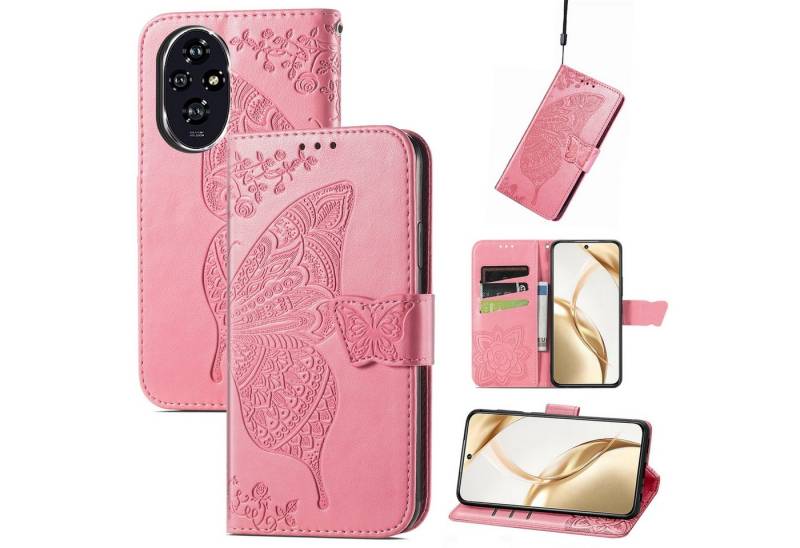 Wigento Smartphone-Hülle Für Honor 200 Kunstleder Wallet Tasche Design Schmetterling Hülle Pink, Kunst-Leder Schutzhülle Smart Case Cover magnetischer Verschluss von Wigento