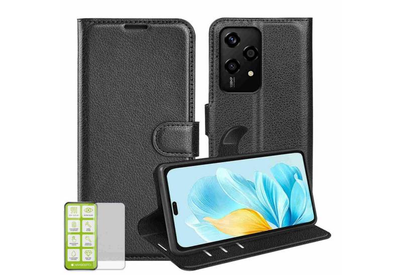 Wigento Smartphone-Hülle Für Honor 200 Lite Kunst Leder Book Wallet Tasche Schwarz + H9 Glas von Wigento