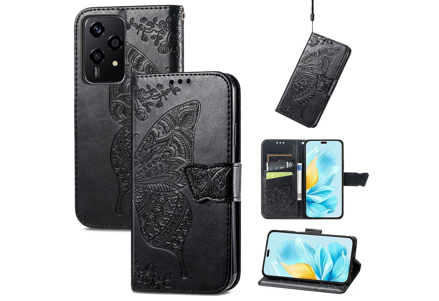 Wigento Smartphone-Hülle Für Honor 200 Lite Kunstleder Wallet Tasche Schmetterling Case Schwarz, Kunst-Leder Schutzhülle Smart Case Cover magnetischer Verschluss Wigento Smartphone-Hülle Für Honor 200 Lite Kunstleder Wallet Tasche Schmetterling Case Schwarz, Kunst-Leder Schutzhülle Smart Case Cover magnetischer Verschluss von Wigento
