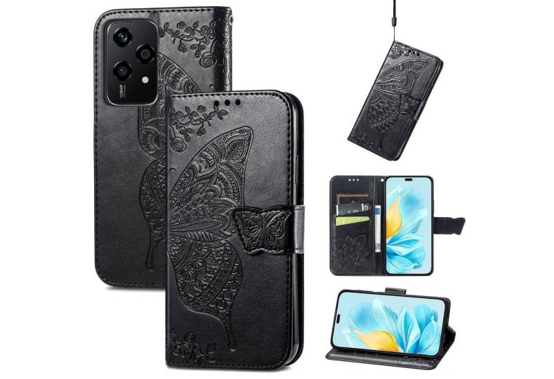 Wigento Smartphone-Hülle Für Honor 200 Lite Kunstleder Wallet Tasche Schmetterling Case Schwarz, Kunst-Leder Schutzhülle Smart Case Cover magnetischer Verschluss von Wigento
