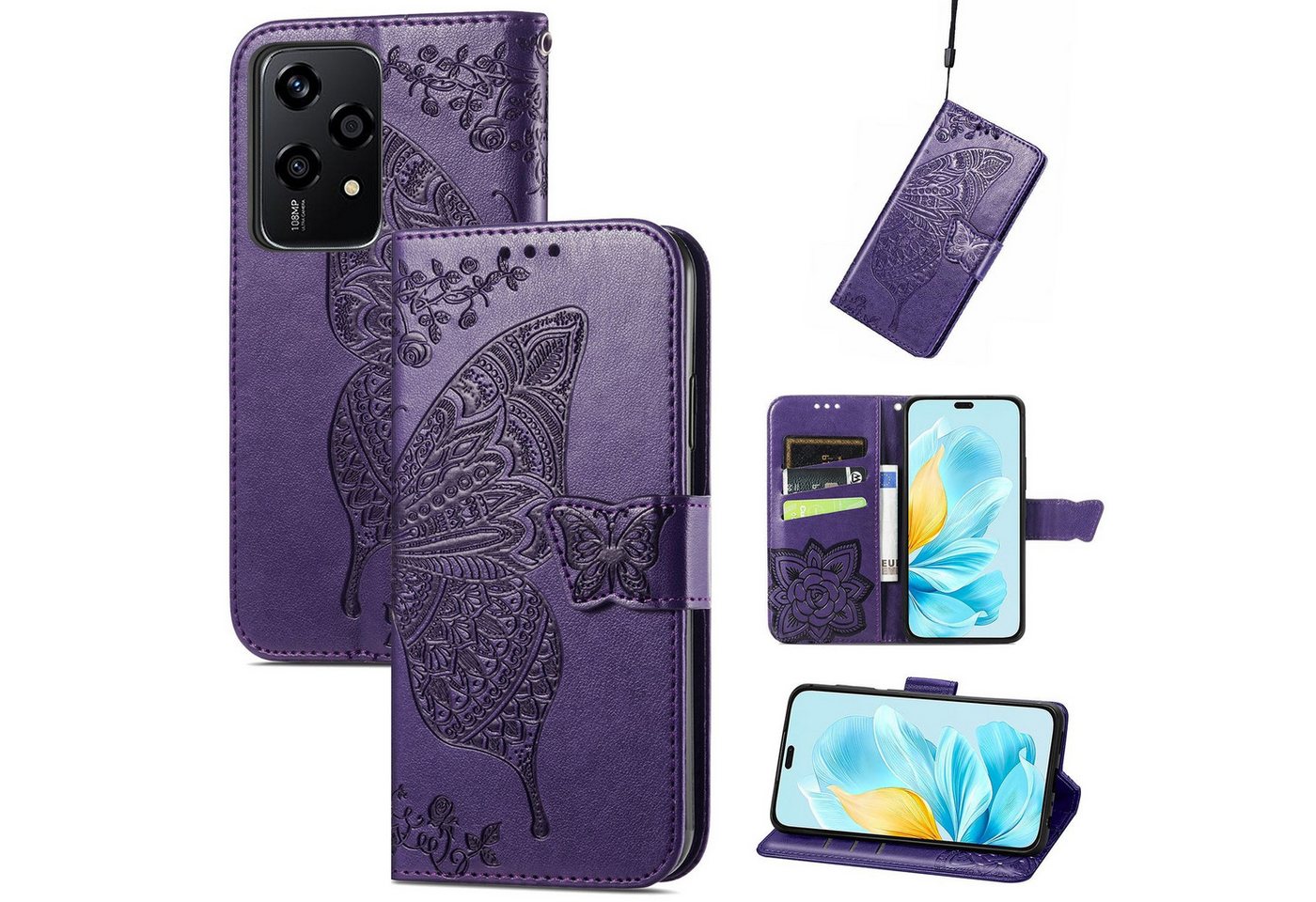 Wigento Smartphone-Hülle Für Honor 200 Lite Kunstleder Wallet Tasche Schmetterling Hülle Lila, Kunst-Leder Schutzhülle Smart Case Cover magnetischer Verschluss Wigento Smartphone-Hülle Für Honor 200 Lite Kunstleder Wallet Tasche Schmetterling Hülle Lila, Kunst-Leder Schutzhülle Smart Case Cover magnetischer Verschluss von Wigento
