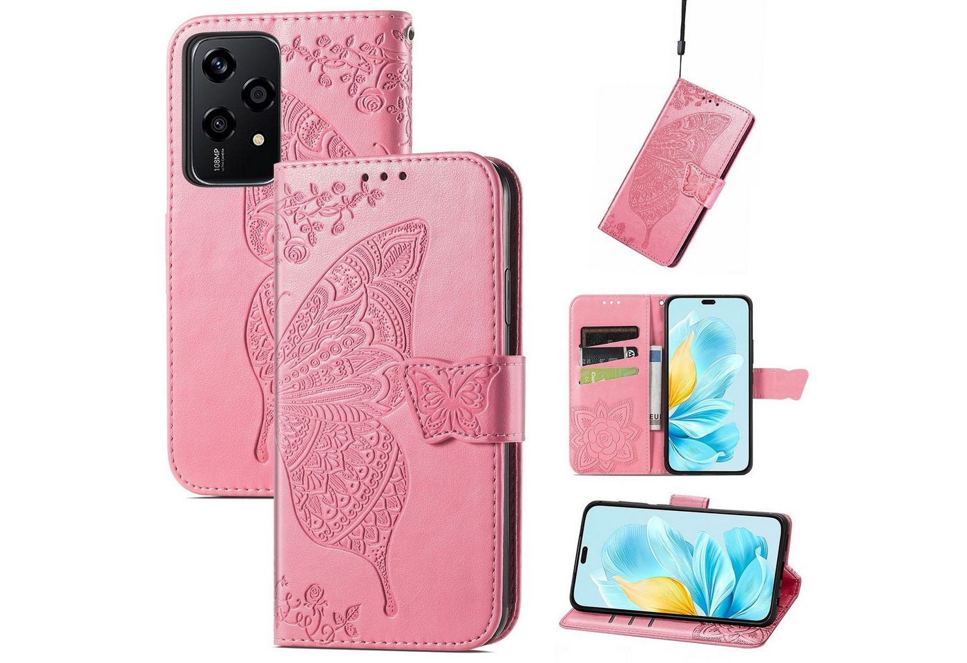 Wigento Smartphone-Hülle Für Honor 200 Lite Kunstleder Wallet Tasche Schmetterling Hülle Pink, Kunst-Leder Schutzhülle Smart Case Cover magnetischer Verschluss von Wigento