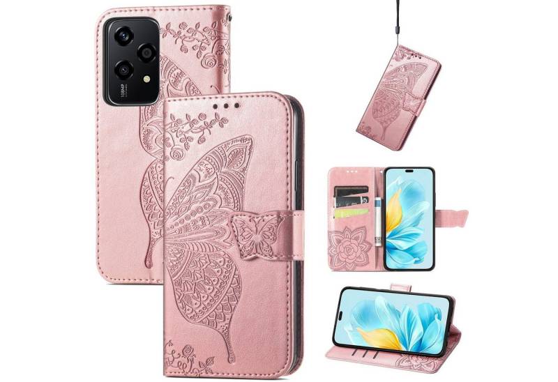 Wigento Smartphone-Hülle Für Honor 200 Lite Kunstleder Wallet Tasche Schmetterling Hülle Rosa, Kunst-Leder Schutzhülle Smart Case Cover magnetischer Verschluss von Wigento