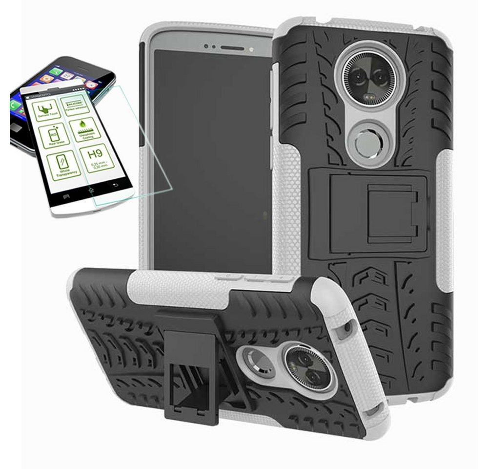 Wigento Smartphone-Hülle Für Motorola Moto E5 Plus Hybrid Case 2teilig Weiß + Hartglas Tasche Hülle Cover Hülle von Wigento