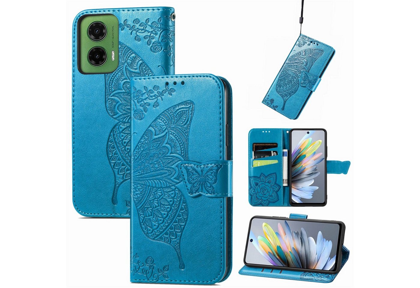 Wigento Smartphone-Hülle Für Motorola Moto G35 Kunstleder Schmetterling Book Tasche Hülle Blau, Kunst-Leder Schutzhülle Smart Case Cover magnetischer Verschluss Wigento Smartphone-Hülle Für Motorola Moto G35 Kunstleder Schmetterling Book Tasche Hülle Blau, Kunst-Leder Schutzhülle Smart Case Cover magnetischer Verschluss von Wigento