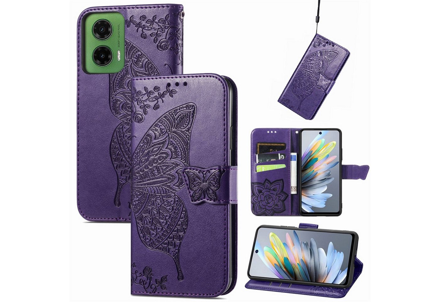 Wigento Smartphone-Hülle Für Motorola Moto G35 Kunstleder Schmetterling Book Tasche Hülle Lila, Kunst-Leder Schutzhülle Smart Case Cover magnetischer Verschluss von Wigento