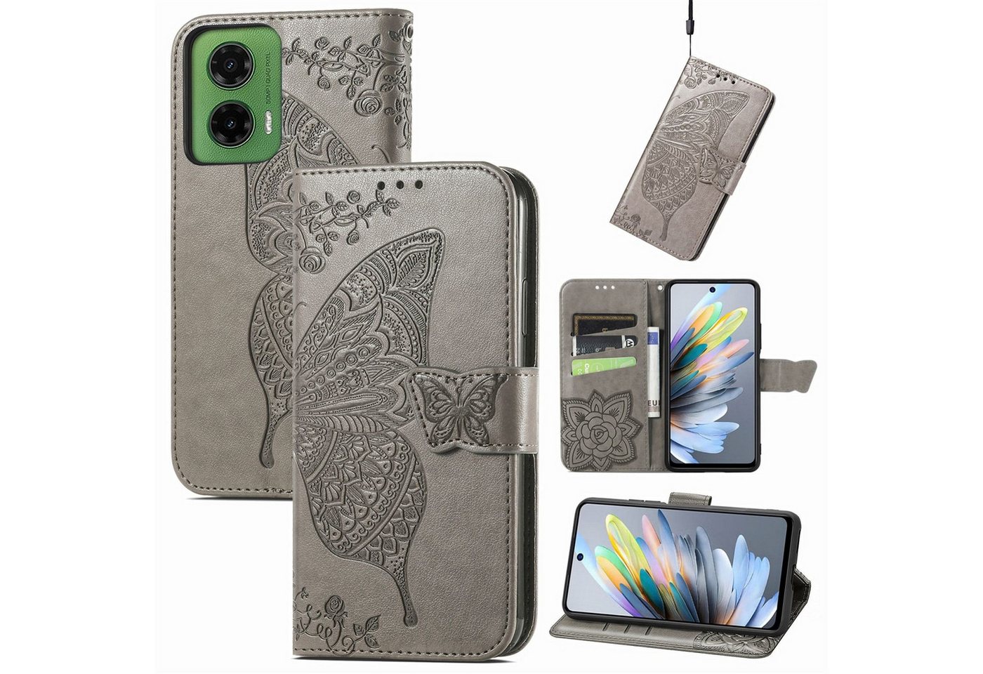 Wigento Smartphone-Hülle Für Motorola Moto G35 Kunstleder Schmetterling Handy Tasche Hülle Grau, Kunst-Leder Schutzhülle Smart Case Cover magnetischer Verschluss von Wigento