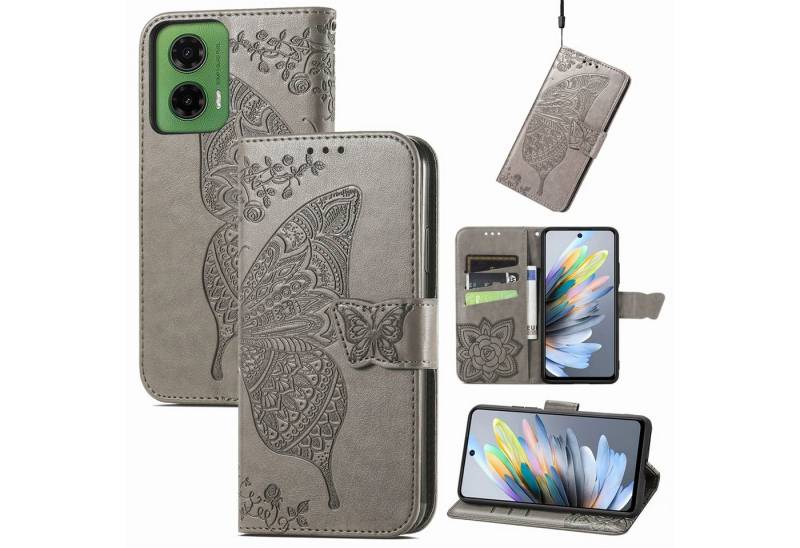 Wigento Smartphone-Hülle Für Motorola Moto G35 Kunstleder Schmetterling Handy Tasche Hülle Grau, Kunst-Leder Schutzhülle Smart Case Cover magnetischer Verschluss von Wigento