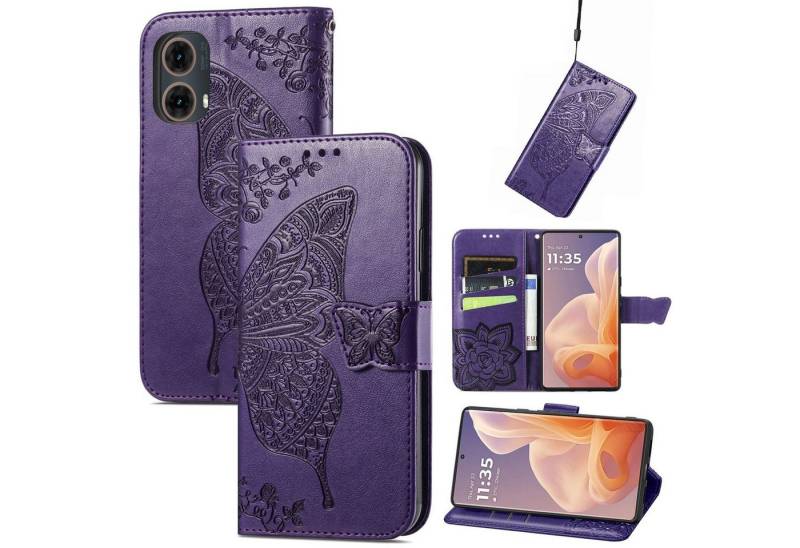 Wigento Smartphone-Hülle Für Motorola Moto G85 Kunstleder Schmetterling Book Wallet Hülle Lila, Kunst-Leder Schutzhülle Smart Case Cover magnetischer Verschluss von Wigento