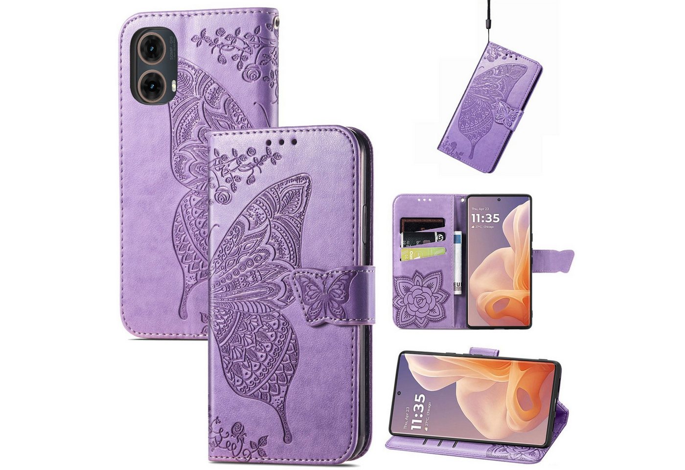 Wigento Smartphone-Hülle Für Motorola Moto G85 Kunstleder Schmetterling Wallet Hülle Hell-Lila, Kunst-Leder Schutzhülle Smart Case Cover magnetischer Verschluss Wigento Smartphone-Hülle Für Motorola Moto G85 Kunstleder Schmetterling Wallet Hülle Hell-Lila, Kunst-Leder Schutzhülle Smart Case Cover magnetischer Verschluss von Wigento