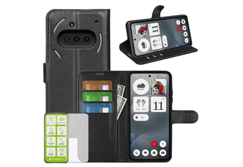 Wigento Smartphone-Hülle Für Nothing Phone 3a Kunstleder Wallet Tasche Schwarz + 9H Hart Glas, Produktset Kunst-Leder Tasche + H9 Hart Glas von Wigento
