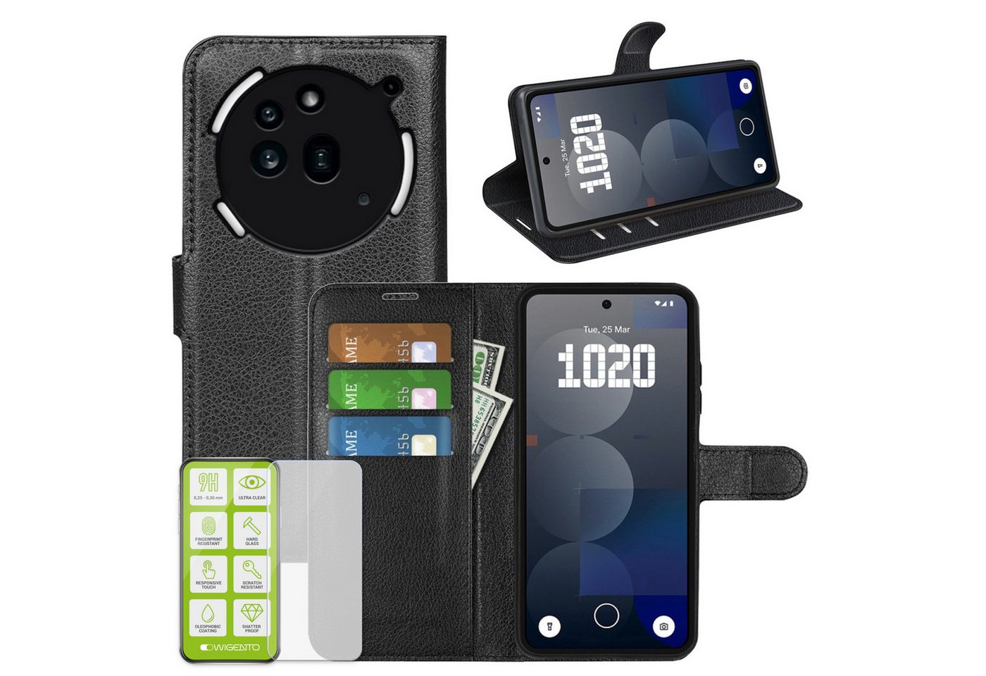 Wigento Smartphone-Hülle Für Nothing Phone 3a Pro Kunstleder Wallet Tasche Schwarz + Hart Glas, Produktset Kunst-Leder Tasche + H9 Hart Glas Wigento Smartphone-Hülle Für Nothing Phone 3a Pro Kunstleder Wallet Tasche Schwarz + Hart Glas, Produktset Kunst-Leder Tasche + H9 Hart Glas von Wigento