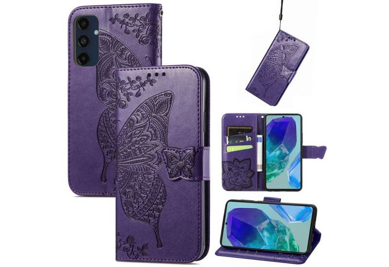 Wigento Smartphone-Hülle Für Samsung Galaxy A16 Kunstleder Book Wallet Schmetterling Hülle Lila, Kunst-Leder Schutzhülle Smart Case Cover magnetischer Verschluss von Wigento